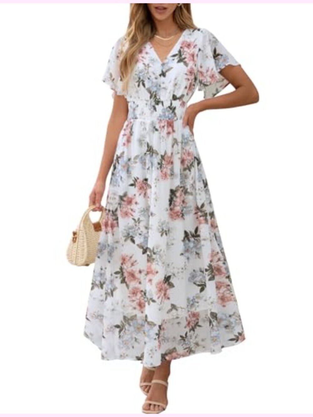 Floral Chiffon Maxi Dress V Neck Short Sleeve 2026 Boho Summer Flowy